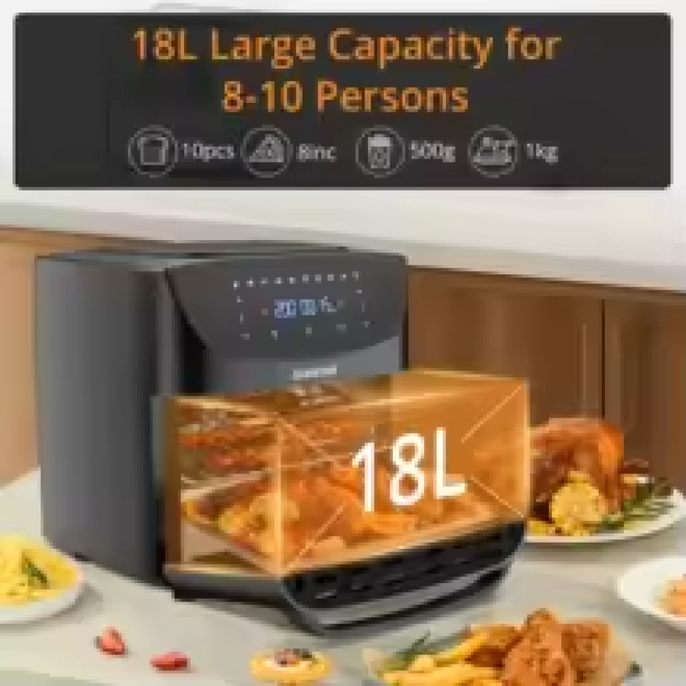 Horno freidora de aire de 18L, freidora de aire digital táctil 8 en 1, circulación rápida de aire de 1800W, mini horno sin aceite con asador y accesorios aptos para lavavajillas, libre de BPA, ideal para 8-10 personas, enchufe de la UE