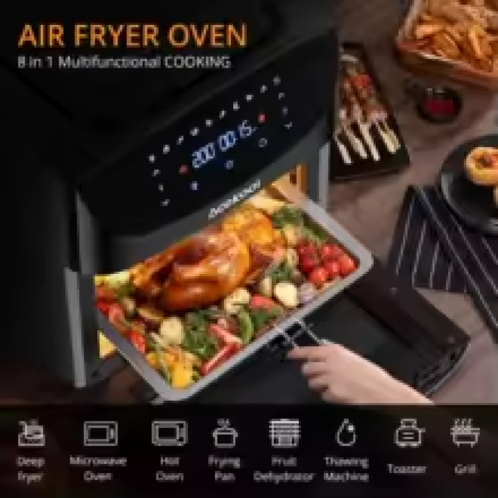 Horno freidora de aire de 18L, freidora de aire digital táctil 8 en 1, circulación rápida de aire de 1800W, mini horno sin aceite con asador y accesorios aptos para lavavajillas, libre de BPA, ideal para 8-10 personas, enchufe de la UE