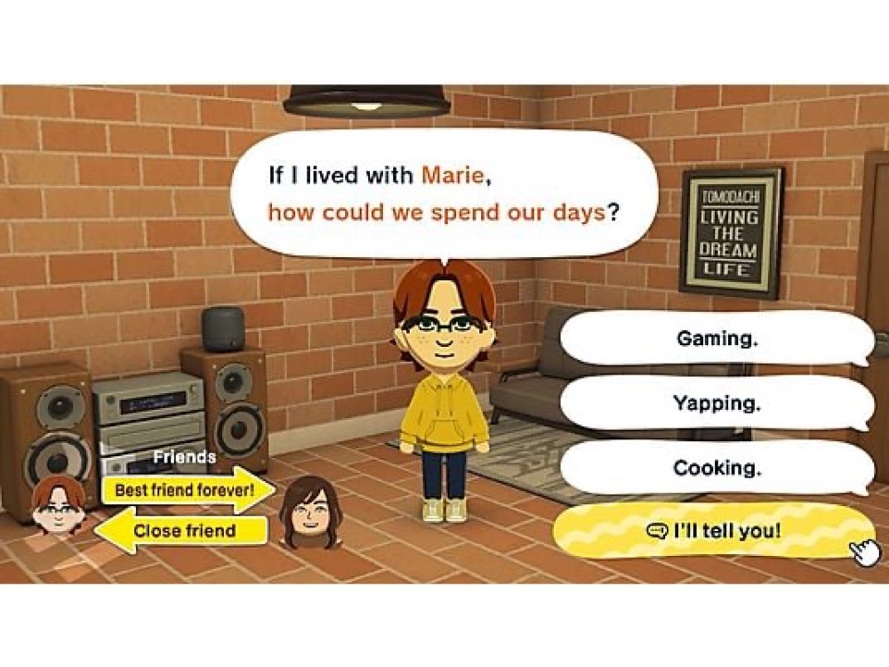 Captura de pantalla de Nintendo Switch mostrando el editor de personajes Mii en Tomodachi Life, con opciones para ajustar facciones, peinado y expresividad.