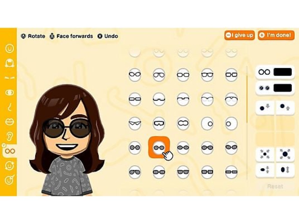 Captura de pantalla de Nintendo Switch mostrando el editor de personajes Mii en Tomodachi Life, con opciones para ajustar facciones, peinado y expresividad.