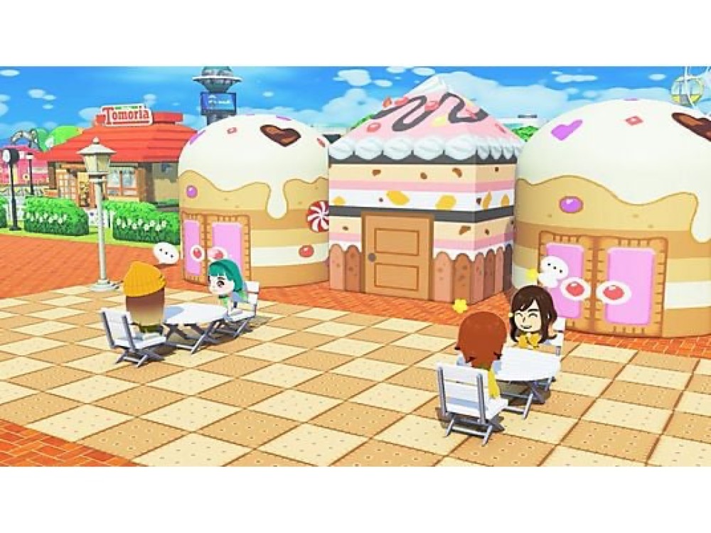 Imagen del juego Tomodachi Life donde dos personajes Mii están teniendo una conversación absurda en la cafetería de la isla, con bocadillos de texto divertidos.