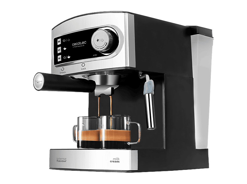Cafetera express - Cecotec Power Espresso 20, 850W, Presión 20 bares, Depósito 1.5L, Brazo doble salida, Vaporizador, Inox