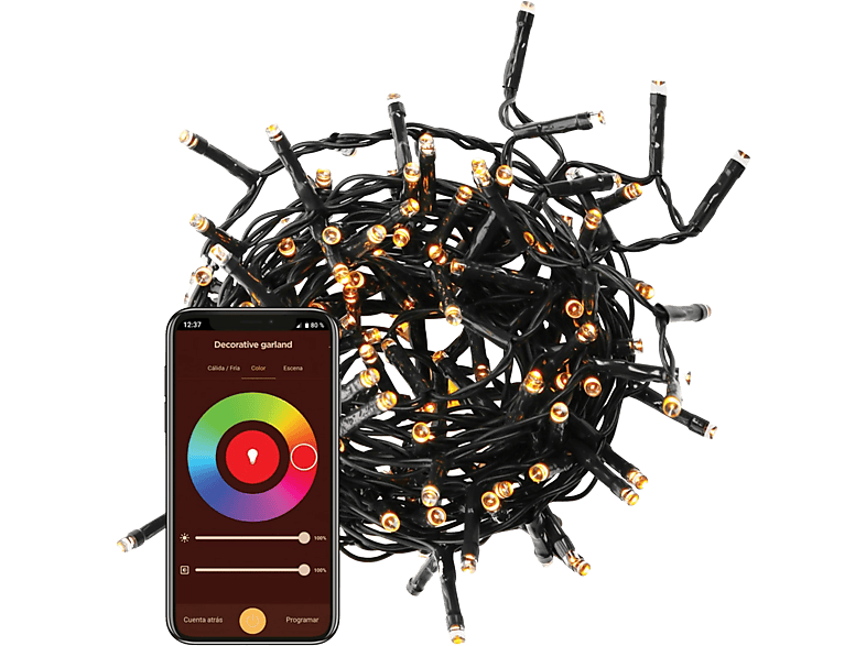 Luces LED - muvit iO MIOGAR001, Guirnalda decorativa WiFi RGB+CCT, 6m/60 led (+2m de cable power line), Negro