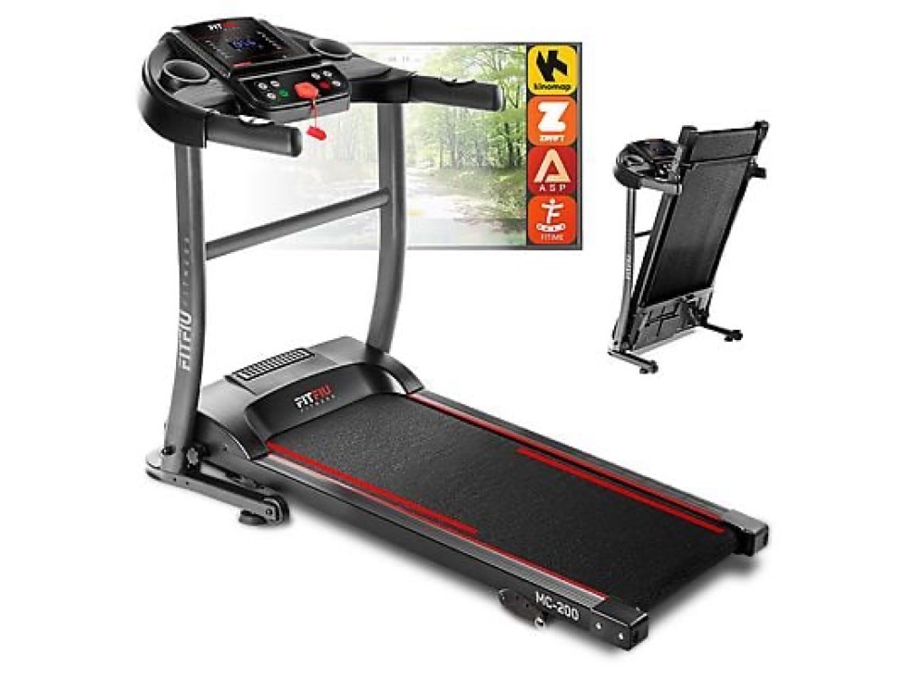 Vista de la cinta FITFIU Fitness MC-200 plegada verticalmente para ahorrar espacio en habitaciones pequeñas.