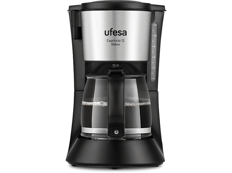Cafetera de goteo - Ufesa CG7125 Capriccio 12 Delux, 680 W, 1.2 l, Tazas, Desconexión automática, Negro/Inox