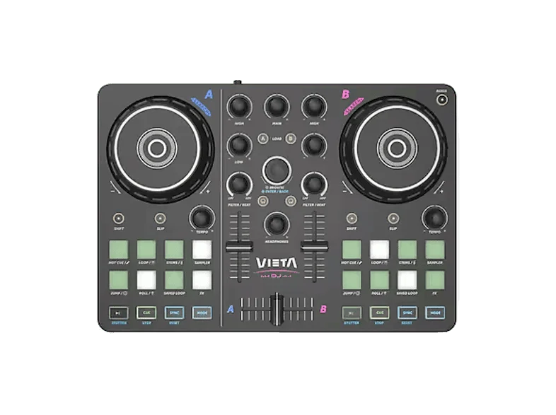 Mezcladora DJ - Vieta Pro Vega, 2 Canales, USB-C y Minijack 3.5mm, Tarjeta de Sonido Integrada, Negro