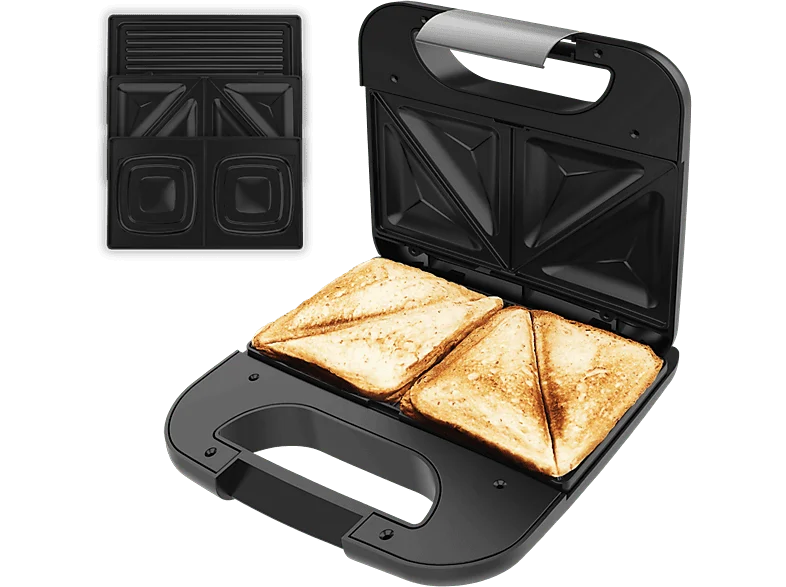 Sandwichera - Cecotec Rock’ntoast Combo, 800 W de potencia, 3 placas intercambiables, Revestimiento antiadherente, Silver