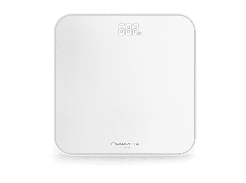 Báscula de baño - Rowenta Classic BS1901 , 180 kg, Pantalla invisible con iluminación LED, Diseño plano, Apagado automático, Cristal templado, Blanca