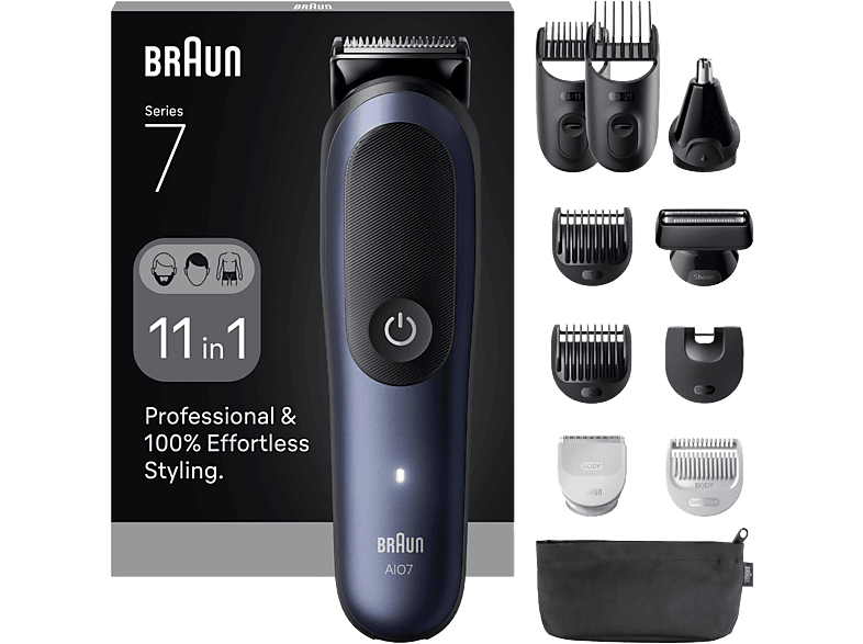 Afeitadora multifunción - Braun Recortadora todo en 1 Series 7 AIO7540, Kit De Styling 11 1, Lámina ProBlade, AutoSense, Wet& Dry, Azul
