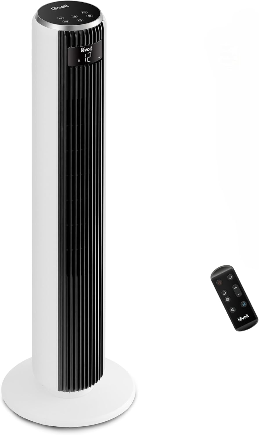 LEVOIT 20dB Ventilador de Torre con Mando a Distancia, 7.9m/s con Motor DC, 26W Ventilador Silencioso con Modo Reposo, 4 Modos y 12 Velocidades, Temporizador 12H, Pantalla LED, Oscilación 90°, Blanco