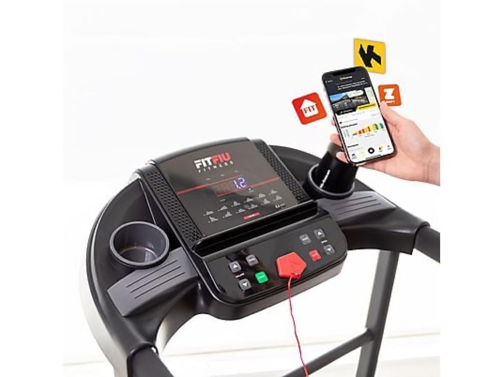 Consola central de la cinta FITFIU MC-200 mostrando los 12 programas de entrenamiento y el botón de paro de emergencia