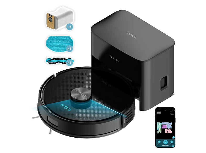 REACONDICIONADO Seminuevo Bueno Robot friegasuelos - Cecotec Conga Y50, 480W, 145 min Auton, 5000Pa, Base Autovaciado 3L, Cepillo Multifunción