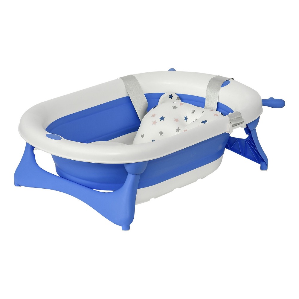 Bañera plegable para bebés HOMCOM modelo 400-014BU en color azul, mostrada en su posición abierta con el cojín de apoyo para recién nacidos instalado.