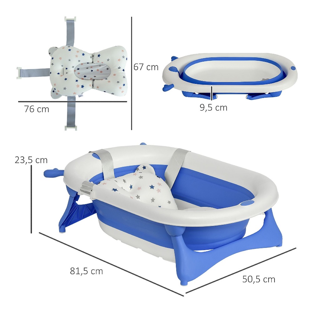 Bañera plegable para bebés HOMCOM modelo 400-014BU en color azul, mostrada en su posición abierta con el cojín de apoyo para recién nacidos instalado.