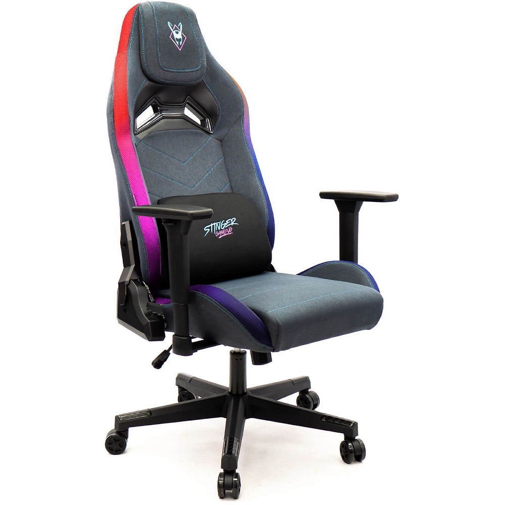 Primer plano de la tapicería gris de alta calidad de la silla Woxter Stinger Station Elite Neon, resaltando la textura del tejido transpirable y las costuras reforzadas.