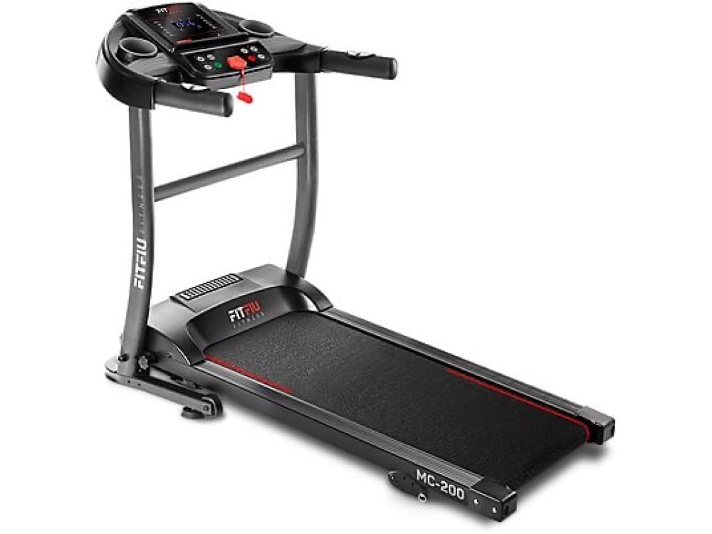 Cinta de correr plegable FITFIU Fitness MC-200 en color negro con pantalla LCD y pulsómetro en el manillar.