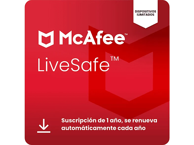 Antivirus - McAfee®+ LiveSafe, Seguridad en Internet para dispositivos ilimitados, Suscripción 1 año, Código de descarga (Renovación anual automática)
