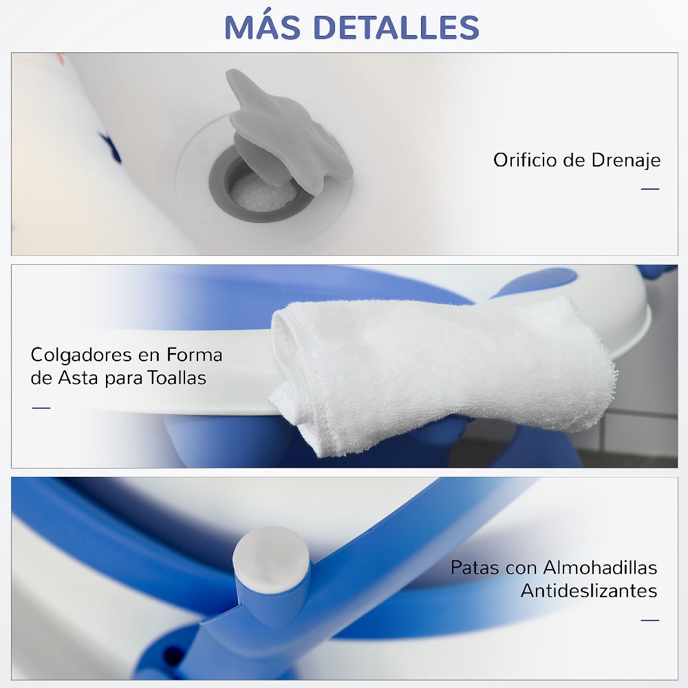 Bañera plegable para bebés HOMCOM modelo 400-014BU en color azul, mostrada en su posición abierta con el cojín de apoyo para recién nacidos instalado.