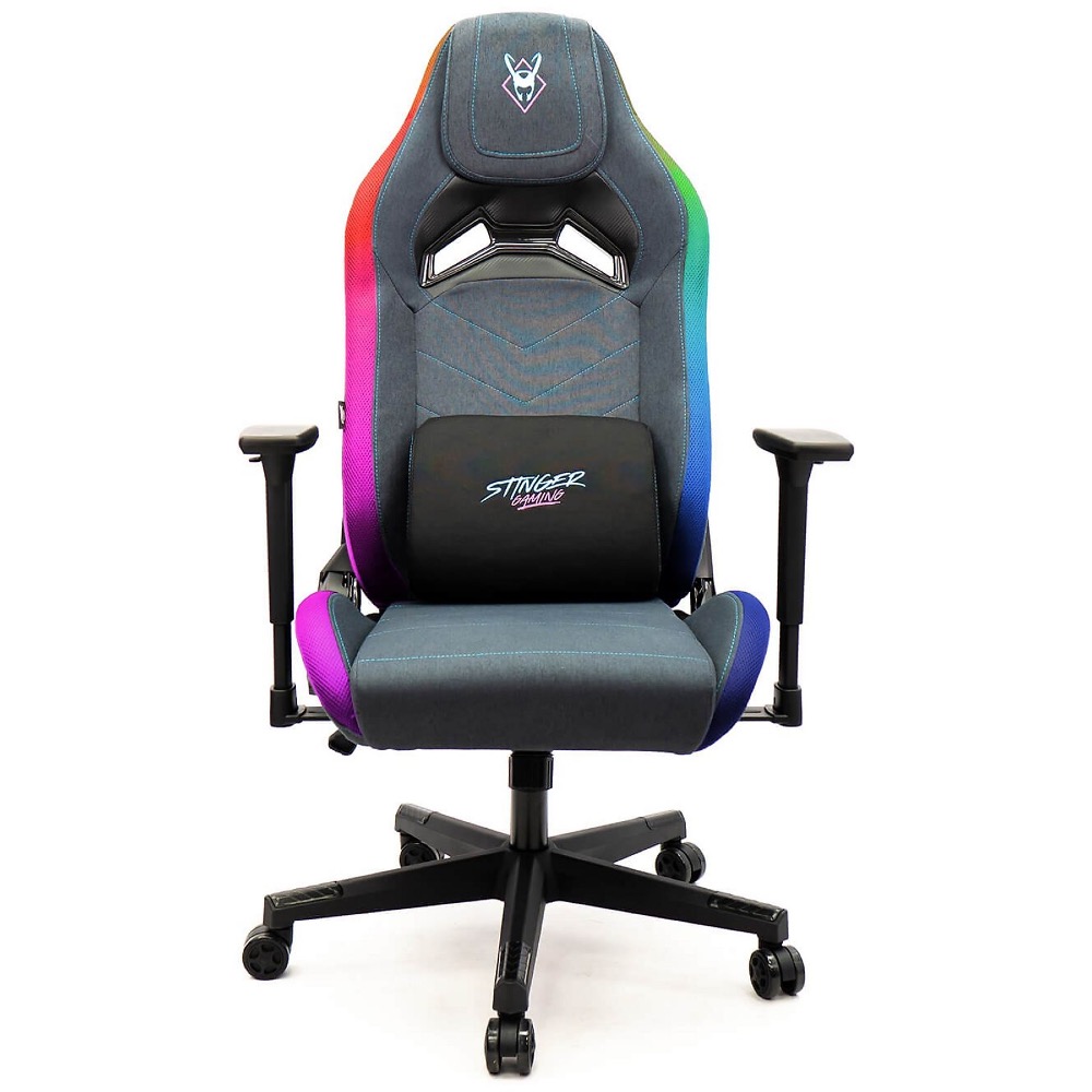 Silla gaming Woxter Stinger Station Elite Neon en color gris mate. Vista frontal de tres cuartos mostrando el respaldo ergonómico, el cojín lumbar y cervical, y la base con ruedas.