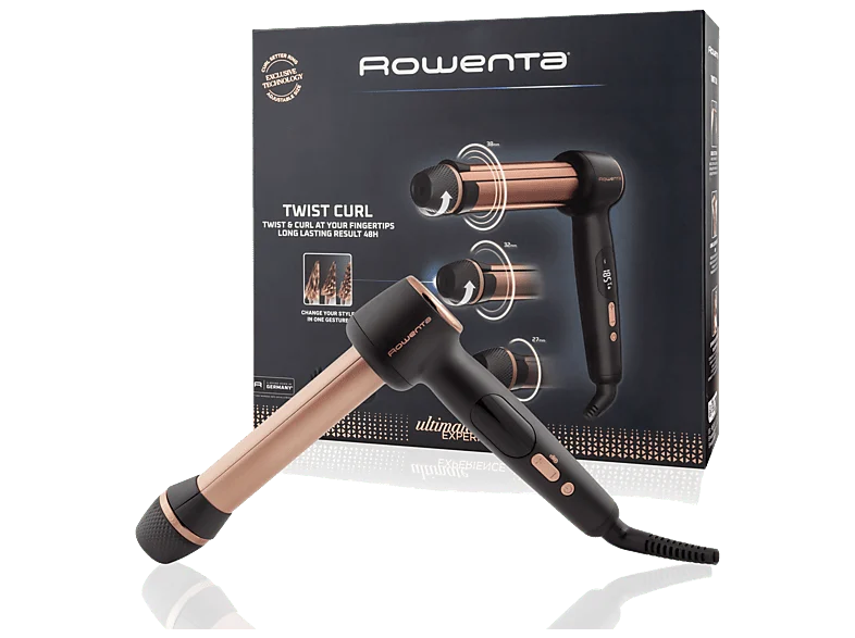 Rizador - Rowenta Twist Curl CF4620, 3 tamaños en 1, Barril ajustable forma de L, 4 temperaturas, 150 °C a 210 °C, Revestimiento cerámico, Negro