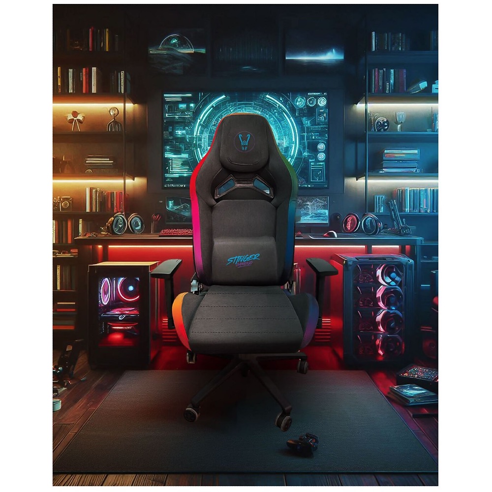 Detalle de la base de estrella de la silla Woxter Stinger Station Elite Neon, mostrando el pistón de gas de clase 4 y las ruedas de nylon de rodadura suave