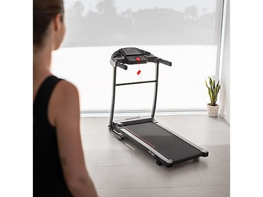 Cinta de correr plegable FITFIU Fitness MC-200 en color negro con pantalla LCD y pulsómetro en el manillar.