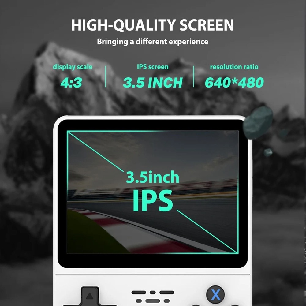 Primer plano de la pantalla IPS de la consola Klack R36S, mostrando gráficos de un videojuego retro con colores vivos y alta definición.